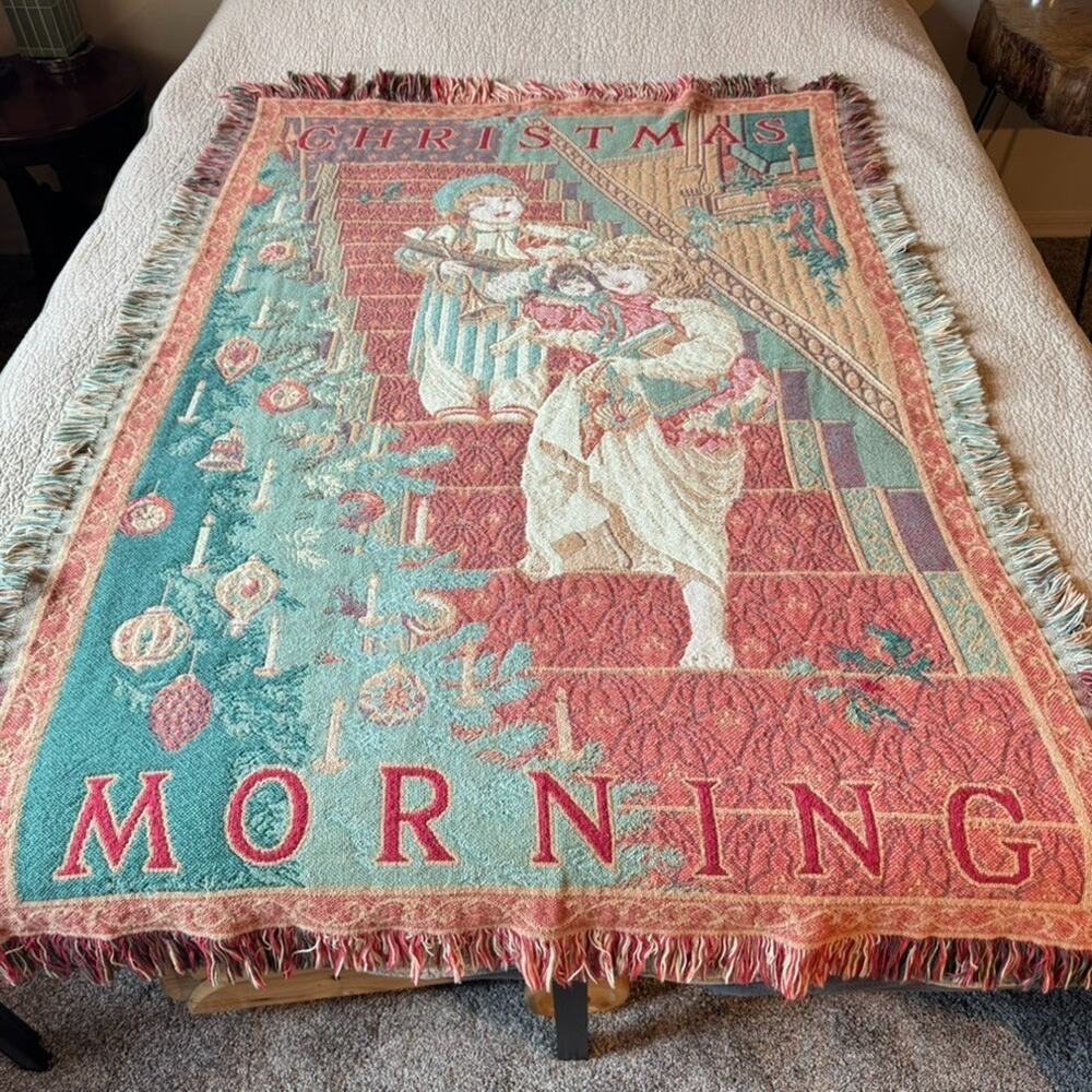 Vintage Tapestry Woven Throw Blanket Fringe 44x68" Children on Christmas Morning